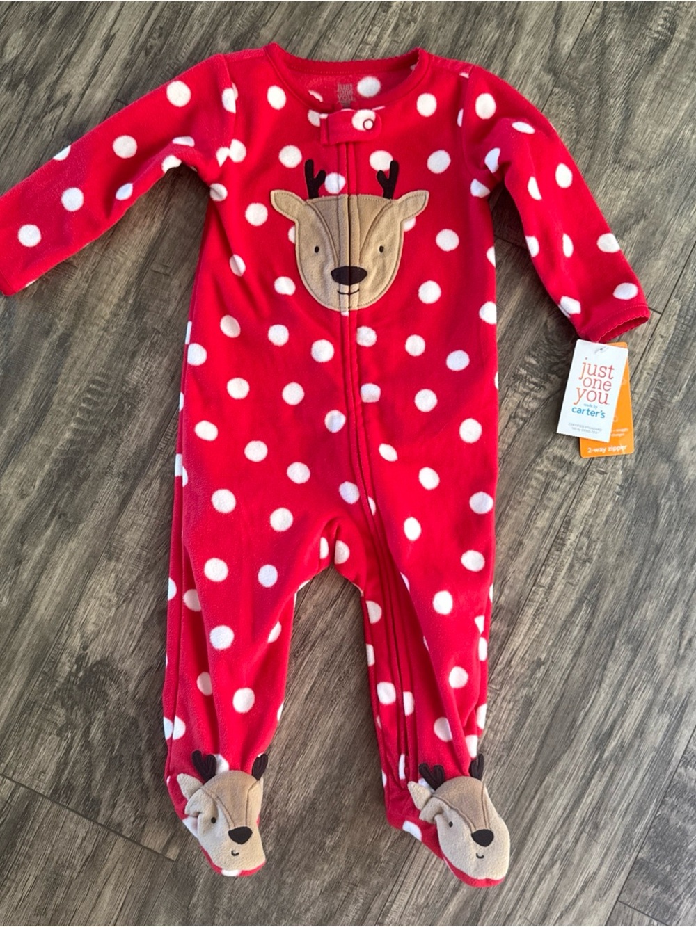 NWT Carter's Red Polka Dot Reindeer One-Piece Pajamas - 9 months